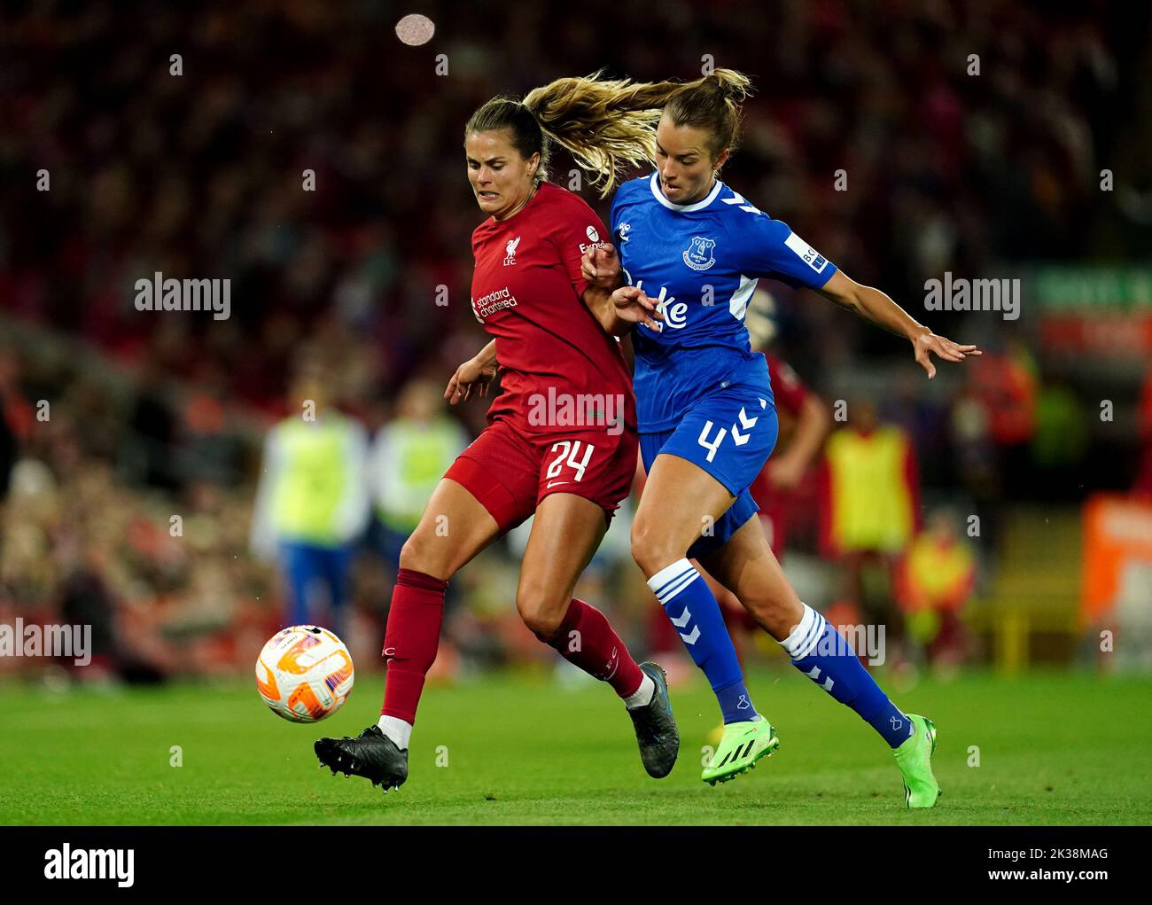 Liverpool's Katie Stengel battles with Everton’s Rikke Sevecke during the Barclays Women's Super League match at Anfield, Liverpool. Picture date: Saturday September 24, 2022. Stock Photo