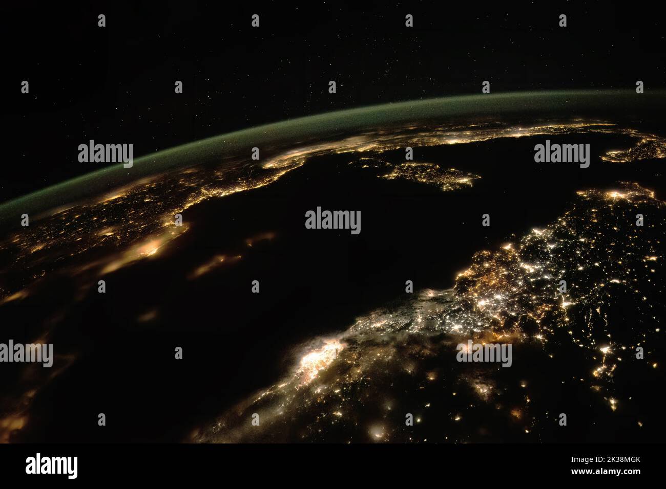 City light across the Mediterranean Sea from north Africa to southern Europe as seen from space. Stock Photo