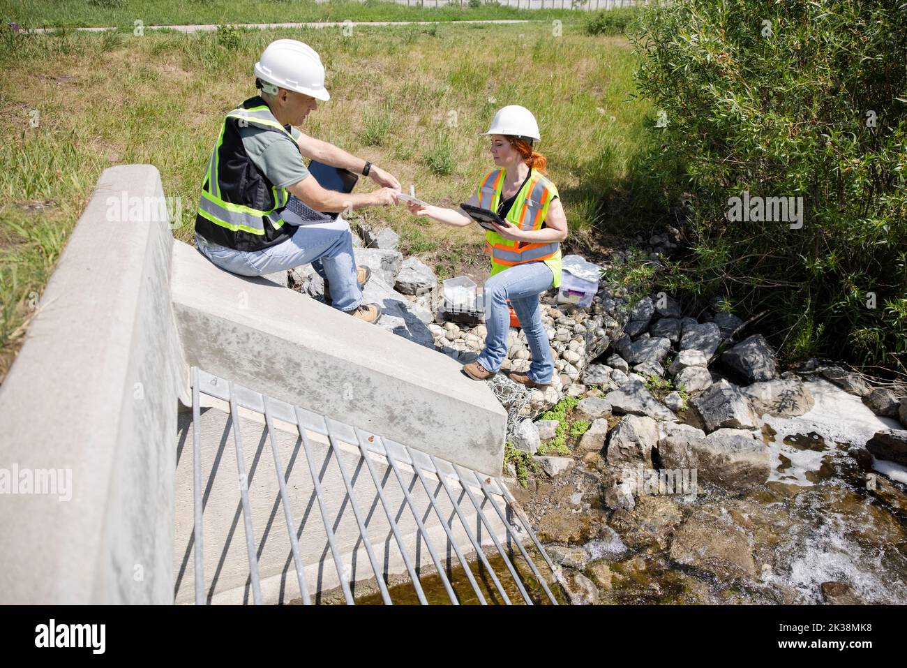 Environmental inspectors checking water quality in drain Stock Photo Alamy