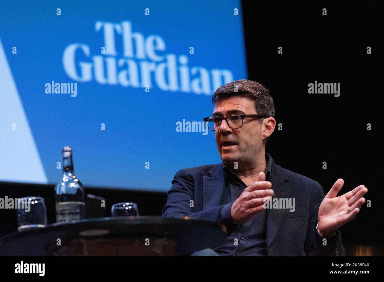 Liverpool, UK. 25th September, 2022. Andy Burnham ( Mayor of Manchester) says nationalising railways ‘a no brainer' at a fringe event with the Guardian Newspaper editor-in-chief, Katharine Vinerat the 2022 Labour Party Conference, which is taking place at the ACC at Kings Dock in Liverpool UK. Picture: garyroberts/worldwidefeatures.com Credit: GaryRobertsphotography/Alamy Live News Stock Photo