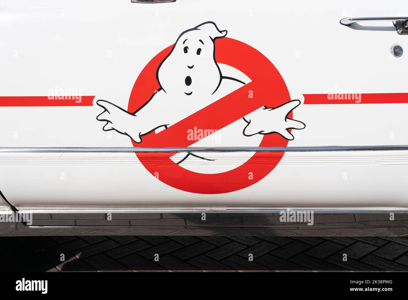 The Ghostbusters logo / emblem on a replica Ghostbusters ECTO 1 car on London Street, by Love Basingstoke in support of Exit 6 Film Festival. UK Stock Photo