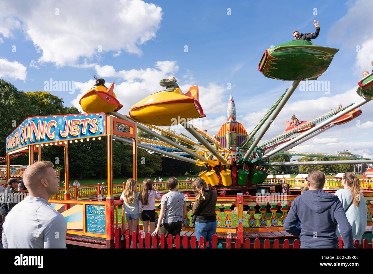People on a Jets traditional amusement ride at Carters Vintage Steam Funfair on its last tour, Basingstoke War Memorial Park, UK. September 24 2022 Stock Photo