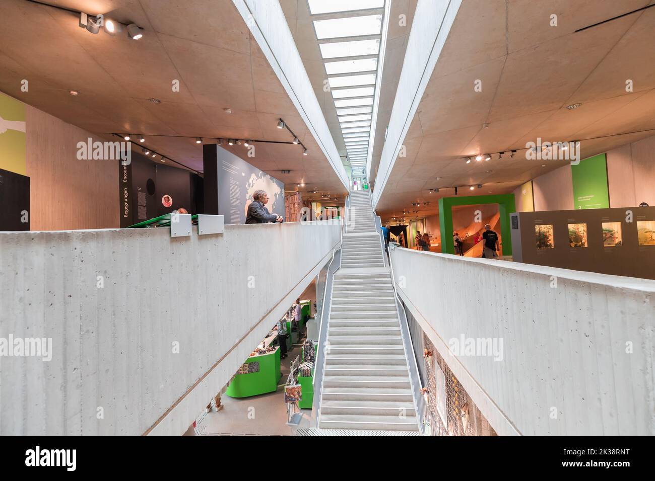 22 July 2022, Dusseldorf, Germany: Interior of the modern Neanderthal Museum of the Ancestors of Homo Sapiens and Evolution. Teaching science and anth Stock Photo