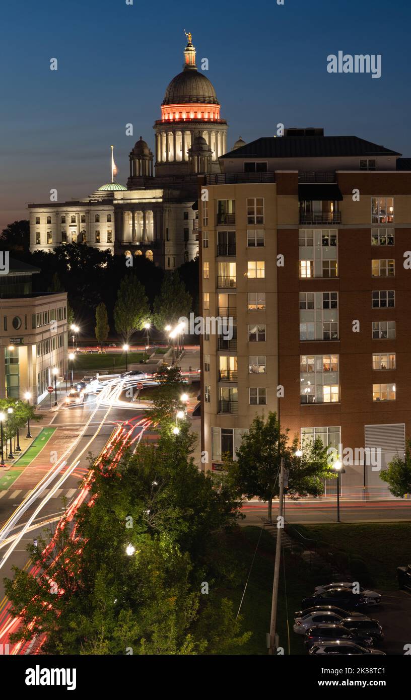 Light trails leading down a street towards the Rhode Island Capital building Stock Photo