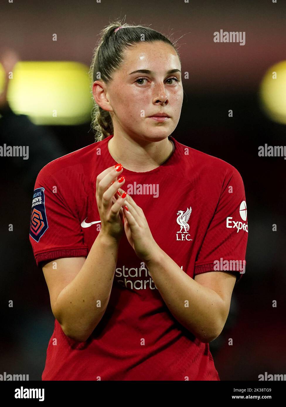 Liverpool's Charlotte Wardlaw applauds the fans at full time after during the Barclays Women's Super League match at Anfield, Liverpool. Picture date: Saturday September 24, 2022. Stock Photo