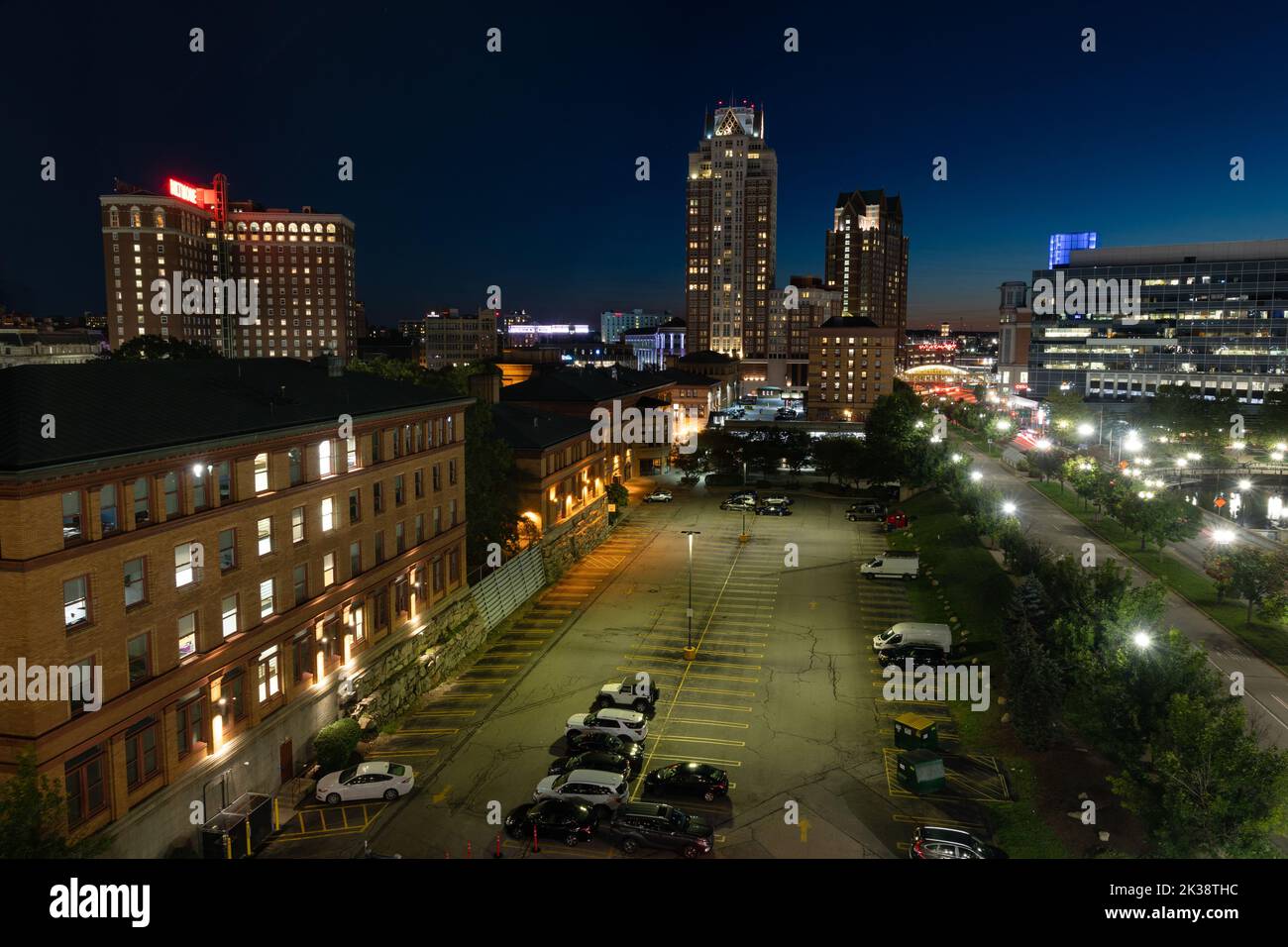 Aerial view of the skyline of Providence at dusk Stock Photo