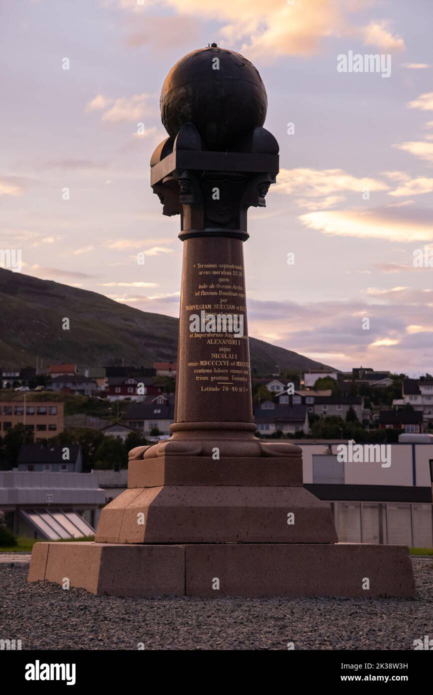 Hammerfest, Norway - July 26, 2022: Beautiful scenery of Hammerfest town and The Struve Geodetic Arc Norway on the Kvaloya Island during sunset. Summe Stock Photo