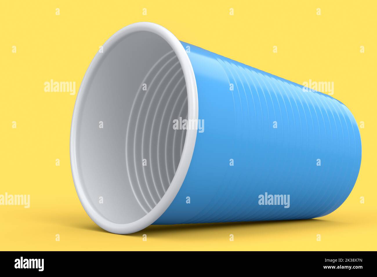 Plastic disposable party cup isolated on yellow background. 3d render