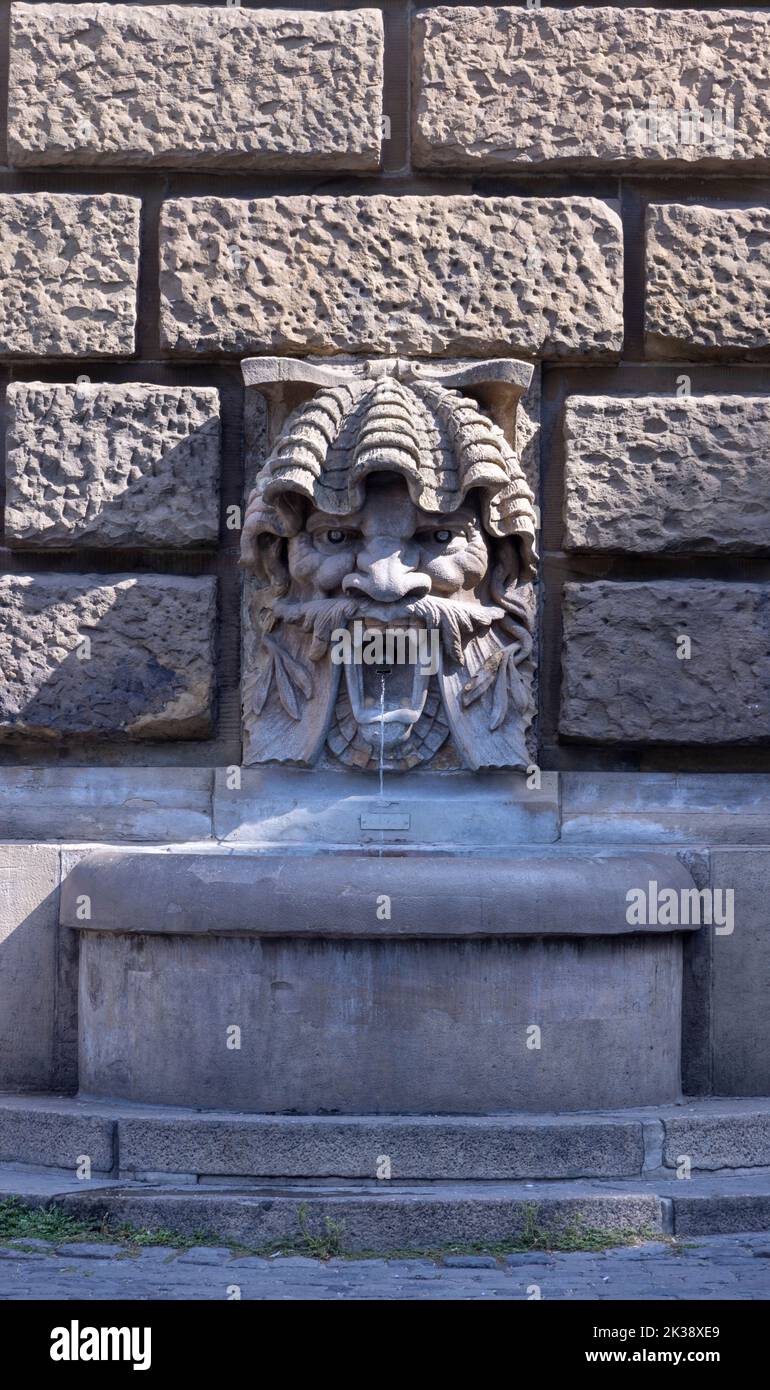 detail of fountain with grotesque head, The Water Tower (Wasserturm), Mannheim, Germany. Stock Photo