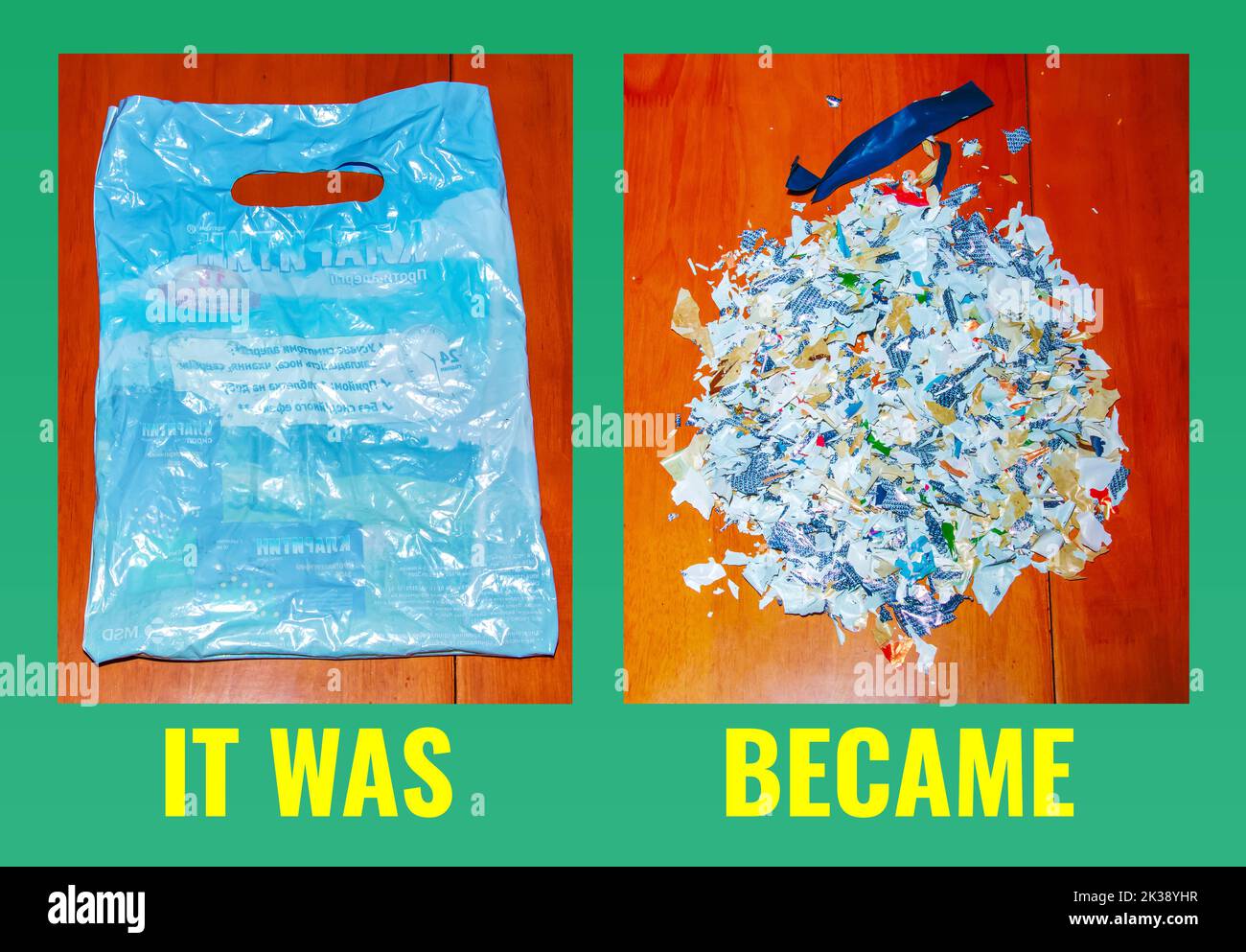 Dnipro, Ukraine 09.25.2022 Biodegradable plastic bag before and