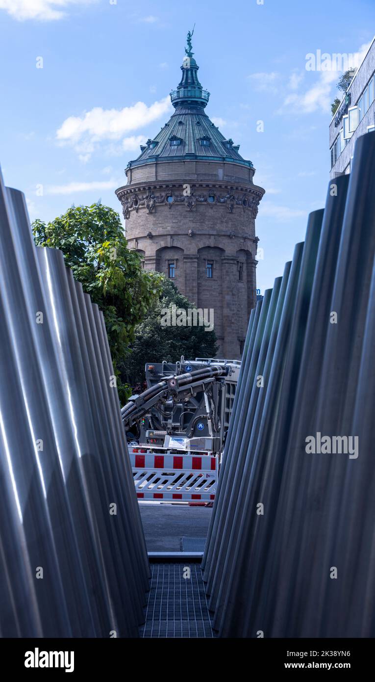 view through modern stainless steel pipes, The Water Tower (Wasserturm), Mannheim, Germany. Stock Photo