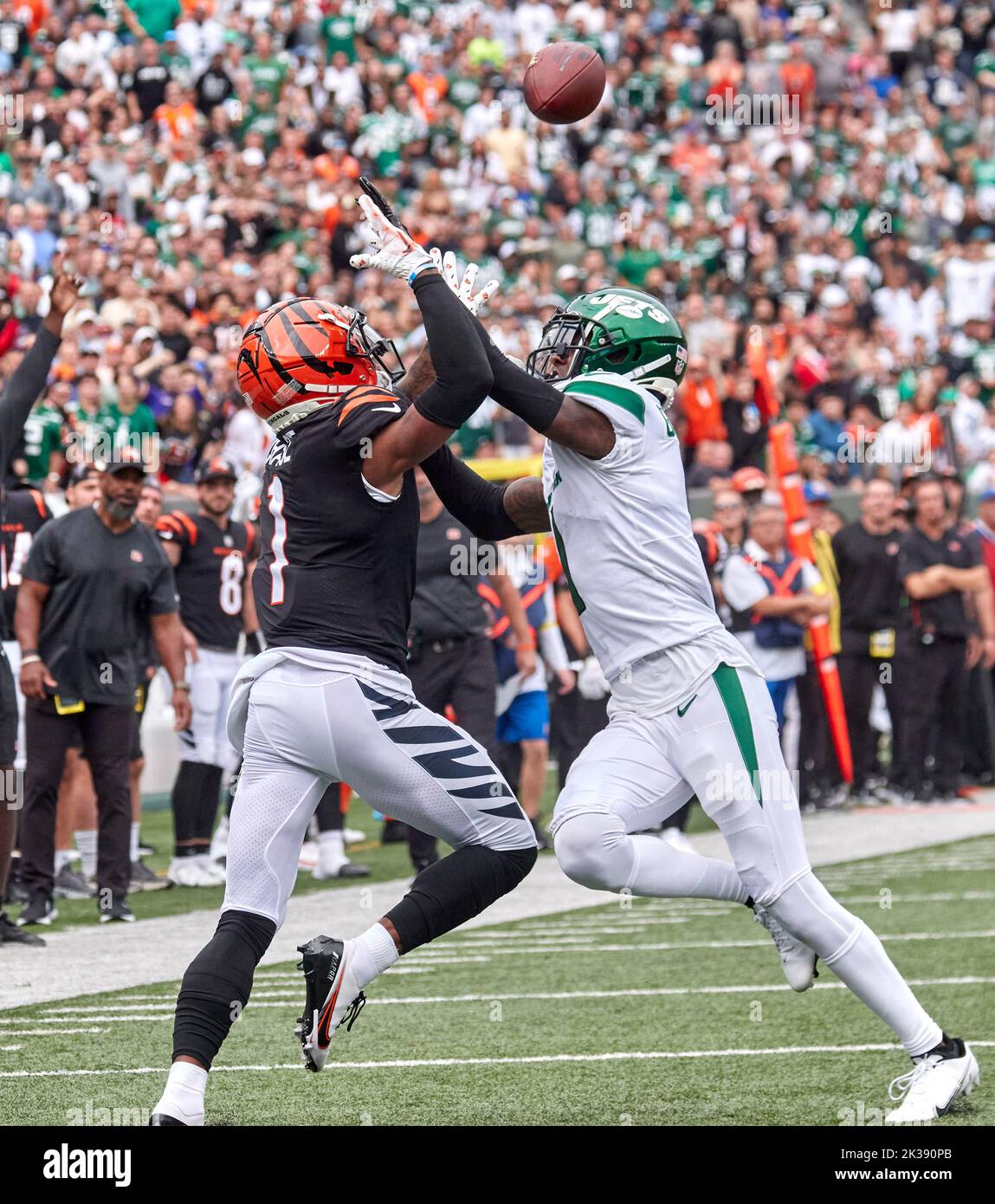 East Rutherford, New Jersey, USA. 25th Sep, 2022. New York Jets cornerback Sauce  Gardner (1) breaks up a pass intended for Cincinnati Bengals wide receiver  Ja'Marr Chase (1) during a NFL game