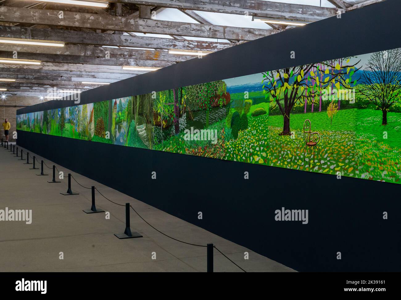 'Year in Normandie' painted by David Hockney. This 90m long frieze shows the seasons in Normandy and is exhibited in the roof space of Salts Mill. Stock Photo