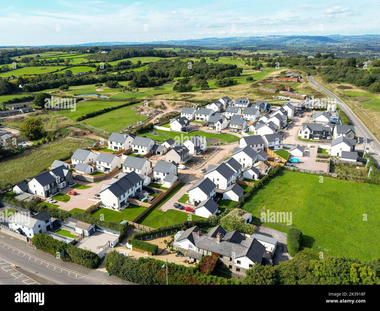 Bonvilston, Vale of Glamorgan, Wales - September 2022: Aerial view of a new development of luxury detached houses on the outskirts of Cardiff. Stock Photo