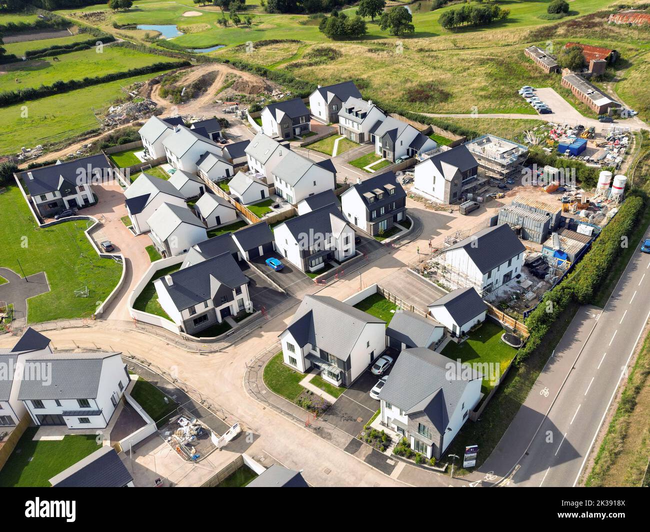 Bonvilston, Vale of Glamorgan, Wales - September 2022: Aerial view of a new development of luxury detached houses on the outskirts of Cardiff. Stock Photo