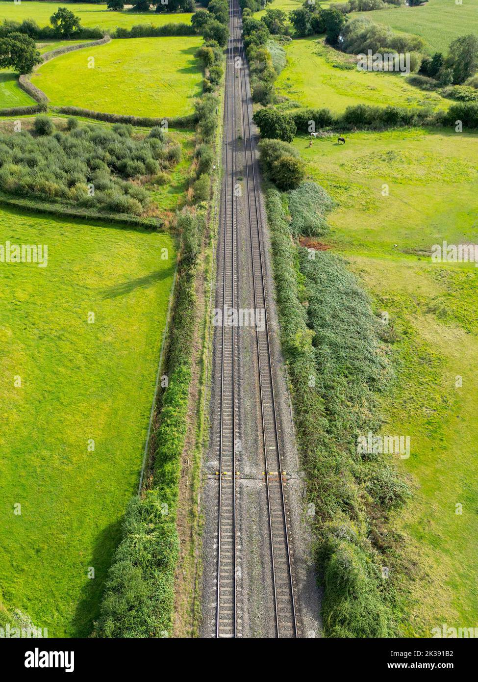 Aerial view of the tracks on a main railway line in south Wales Stock Photo