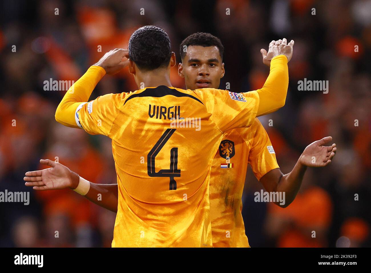 Amsterdam, Netherlands. 25th Sep, 2022. AMSTERDAM - (lr) Virgil van Dijk of Holland, Cody Gakpo of Holland during the UEFA Nations League match between the Netherlands and Belgium at the Johan Cruijff ArenA on August 6, 2022 in Amsterdam, Netherlands. KOEN VAN WEEL Credit: ANP/Alamy Live News Stock Photo