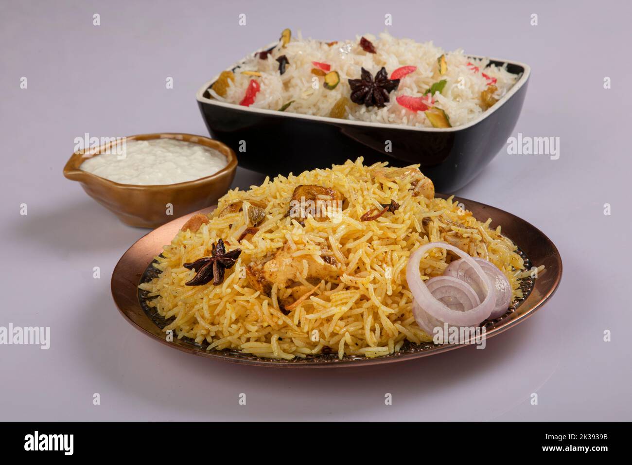Biriyani, Basmoti rice biriyani, mutton biriyani, isolated on white background. Stock Photo