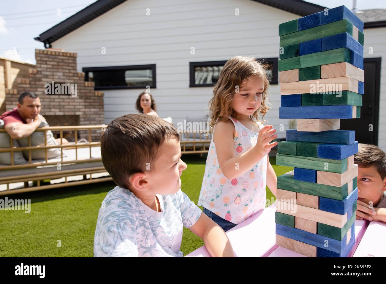 Family playing block removal game in sunny backyard Stock Photo Alamy