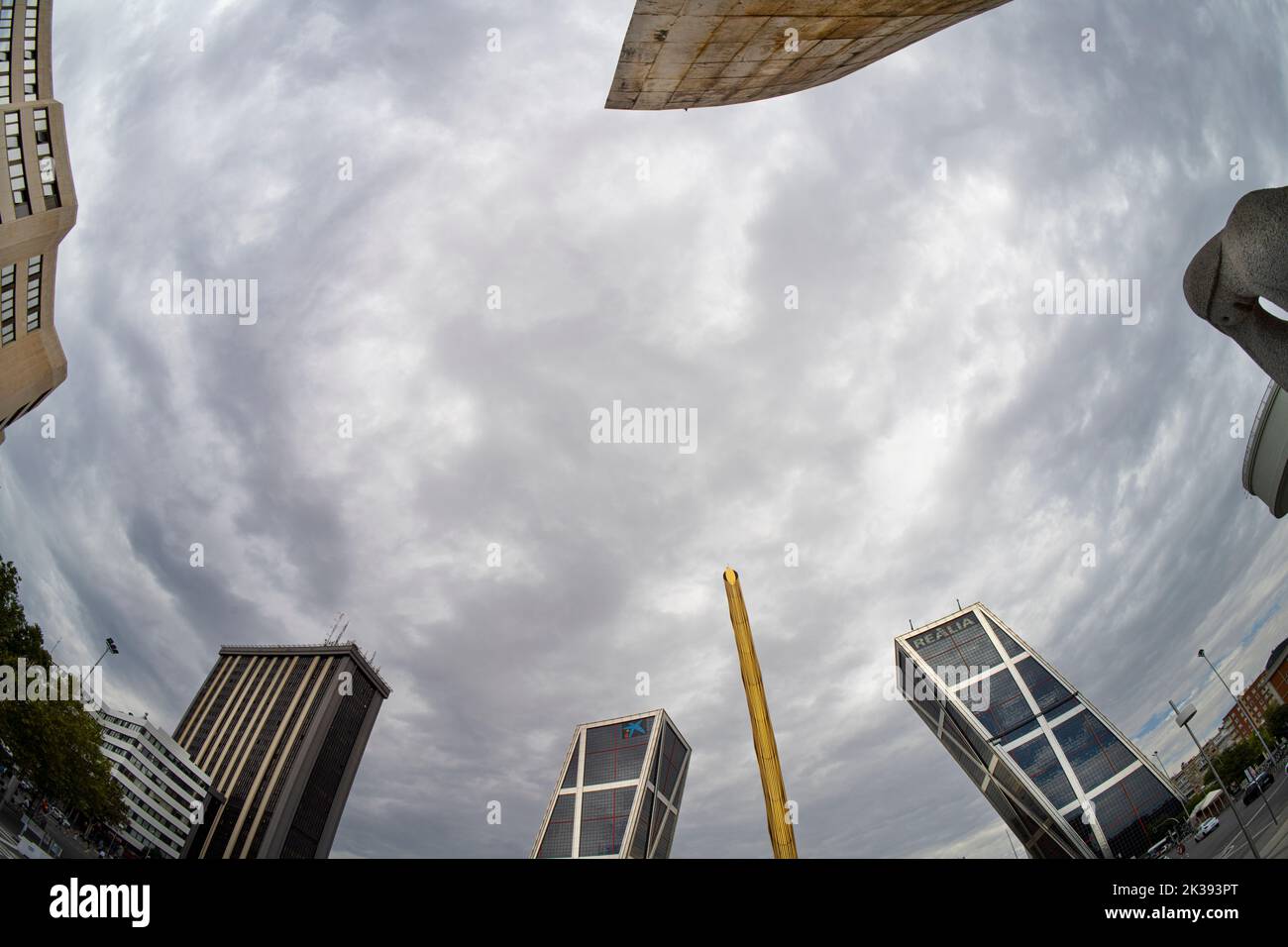 Madrid, Spain, September 2022.  panoramic fisheye view of Castillo square in the city center Stock Photo