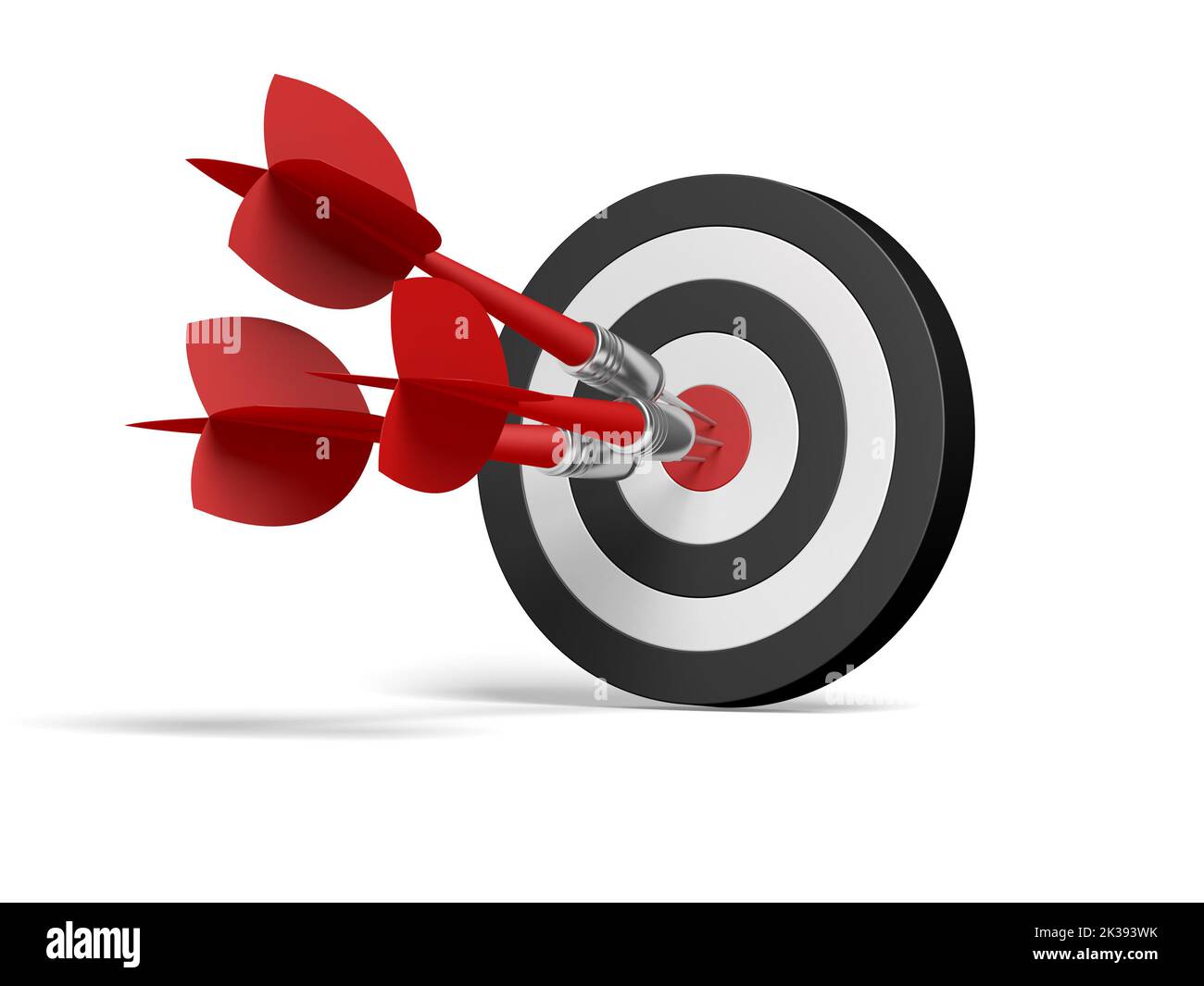 Dartboard with three red darts isolated on white background. Success concept. 3d illustration. Stock Photo
