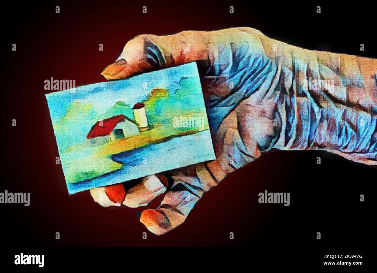 An elderly hand holds a painting made on a small canvas panel in a 3-d illustration about retired and old people who make art. This is a digital water Stock Photo