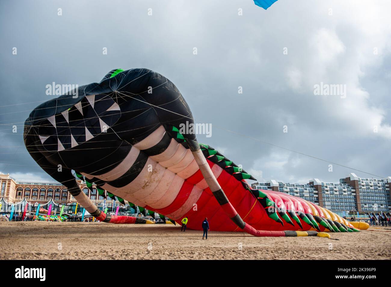A man checks the lower part of one of the largest kites in the world