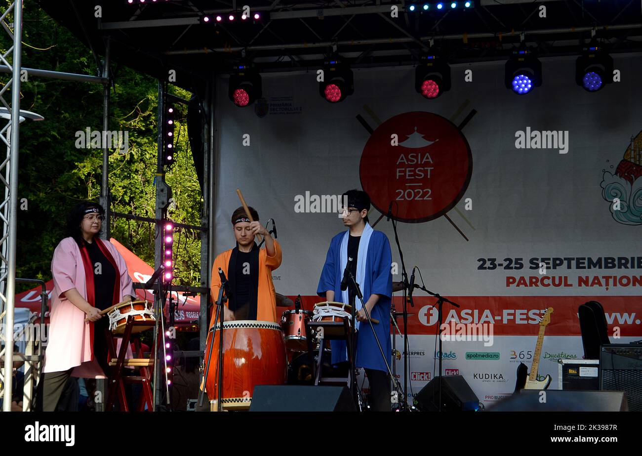 BUCHAREST, ROMANIA - 24 SEPTEMBER 2022: Kodama Daiko, Taiko drummers at Asiafest 2022 in Parcul National Stock Photo