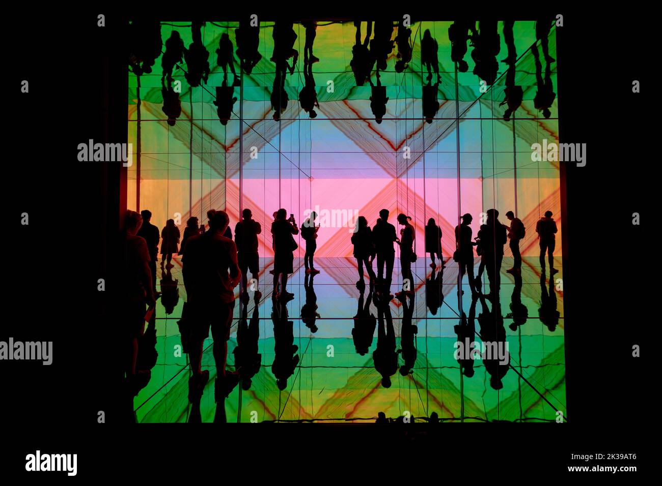 London, UK. 25th September, 2022. INTO SIGHT. The large-scale installation by Sony Design sees audience behaviour influence the visuals and soundscape. It combines Sony's Crystal LED display systems with generative sound, see-through glass walls and mirrors. The work is on show as part of the 20th London Design Festival 2022. Credit: Guy Corbishley/Alamy Live News Stock Photo