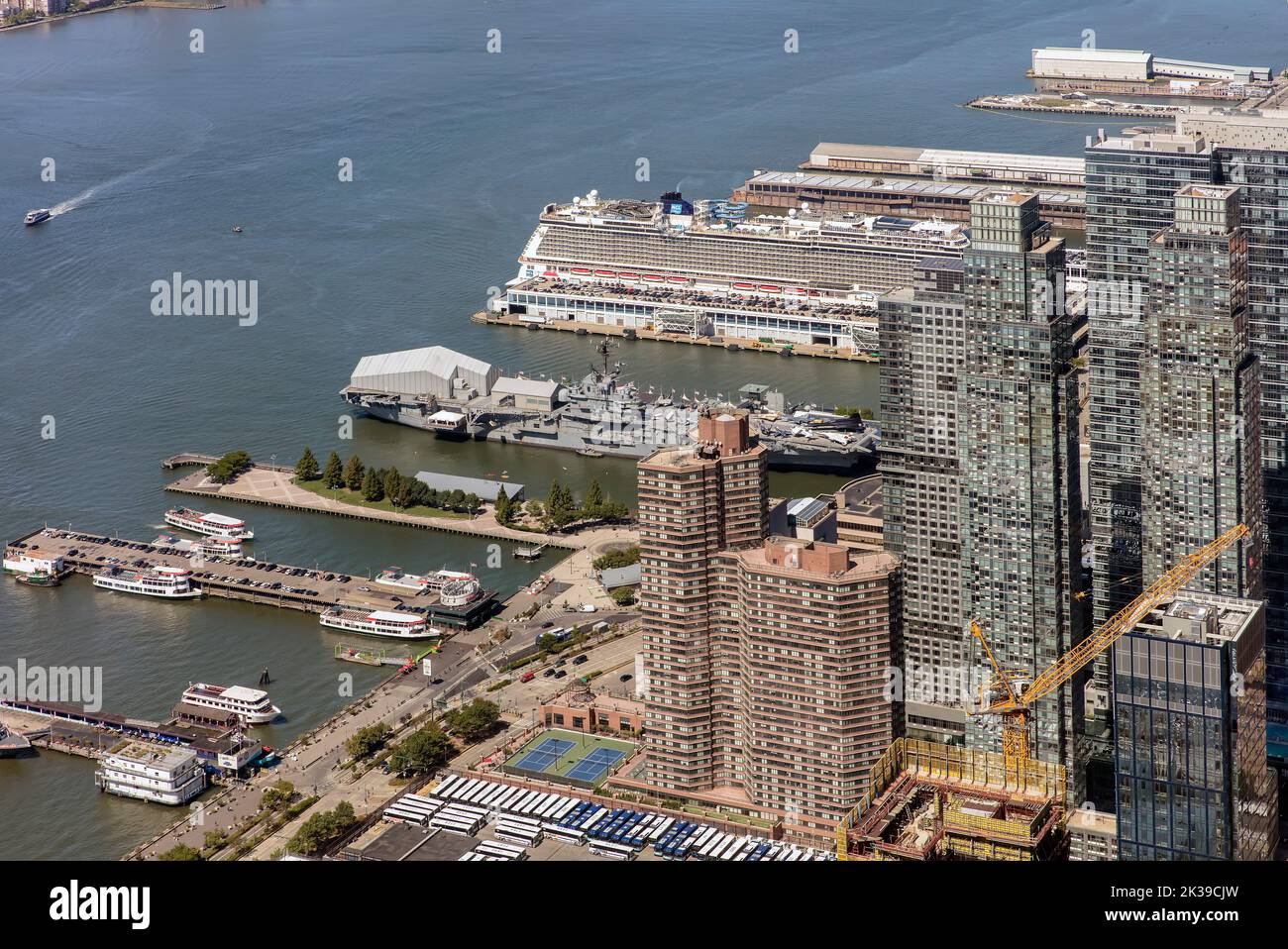Aerial view of Ships and boats moor on piers in the Hudson River Manhattan, NYC, USA Stock Photo
