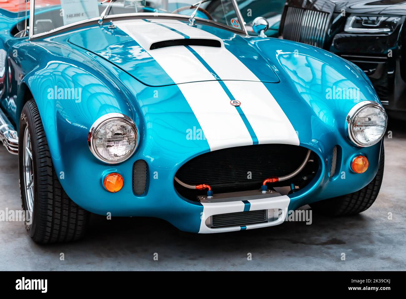 21 July 2022, Dusseldorf, Germany: Powerful Cobra retro racing car at museum exhibition Stock Photo
