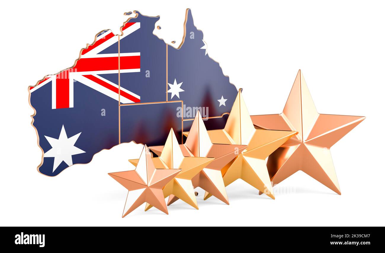 Australian map with five stars. Rating, quality, service in Australia. 3D rendering isolated on white background Stock Photo