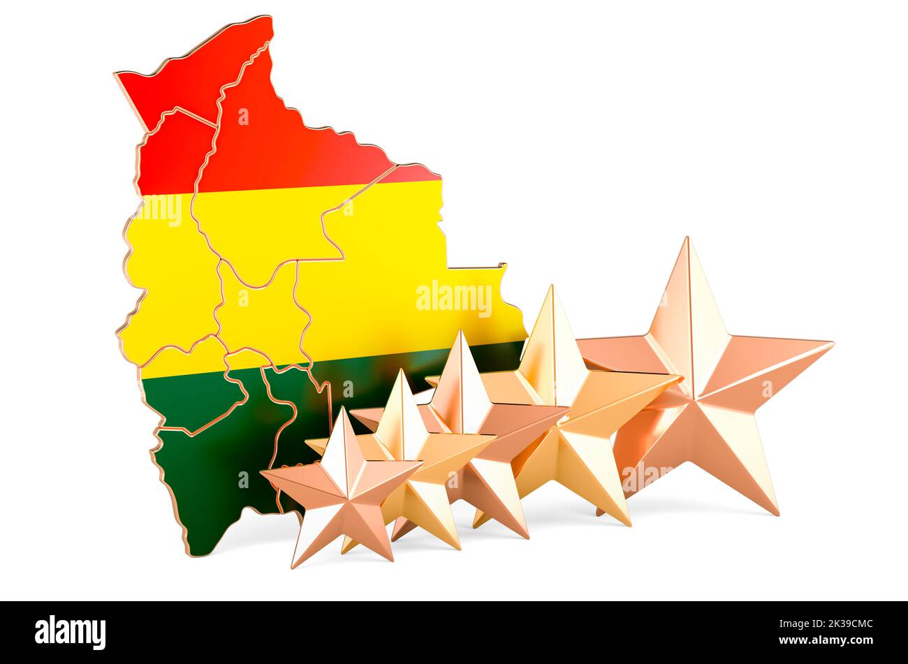 Bolivian map with five stars. Rating, quality, service in Bolivia. 3D rendering isolated on white background Stock Photo