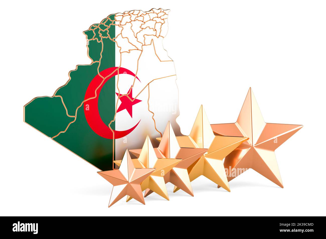 Algerian map with five stars. Rating, quality, service in Algeria. 3D rendering isolated on white background Stock Photo