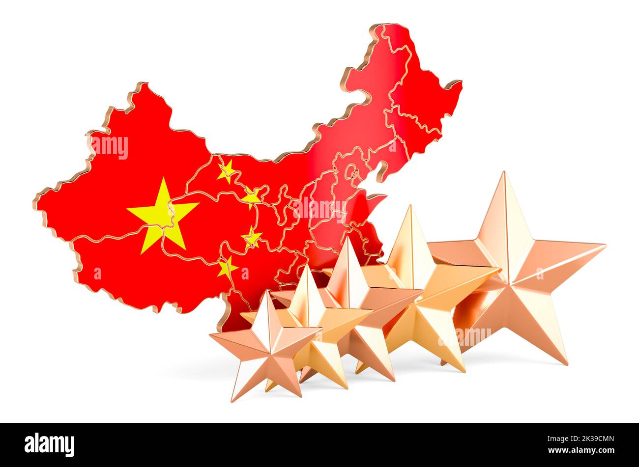 Chinese map with five stars. Rating, quality, service in China. 3D rendering isolated on white background Stock Photo