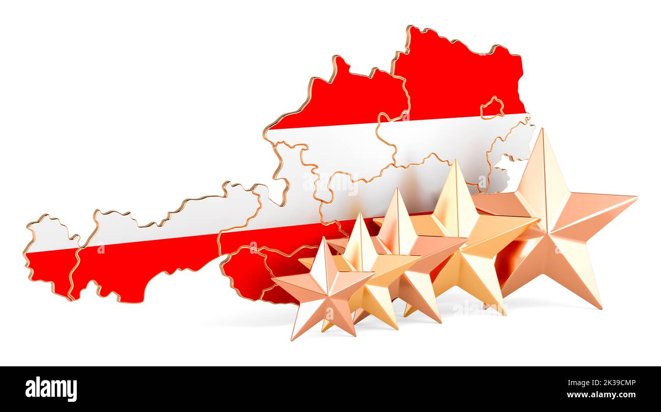 Austrian map with five stars. Rating, quality, service in Austria. 3D rendering isolated on white background Stock Photo