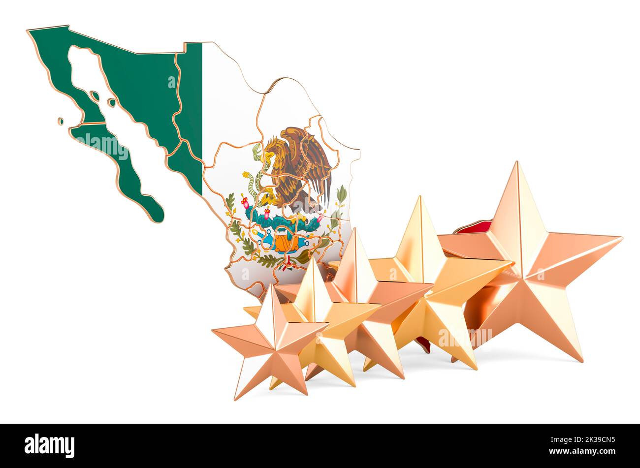 Mexican map with five stars. Rating, quality, service in Mexico. 3D rendering isolated on white background Stock Photo