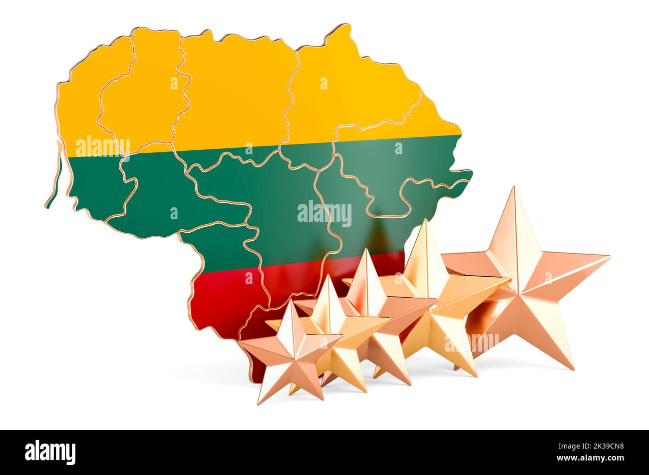 Lithuanian map with five stars. Rating, quality, service in Lithuania. 3D rendering isolated on white background Stock Photo