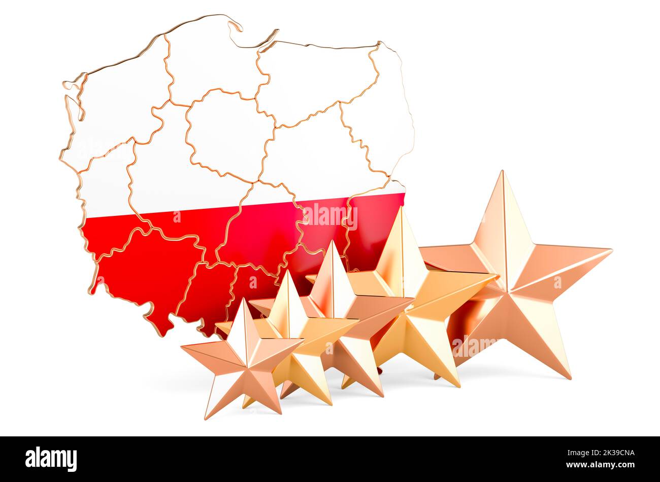 Polish map with five stars. Rating, quality, service in Poland. 3D rendering isolated on white background Stock Photo