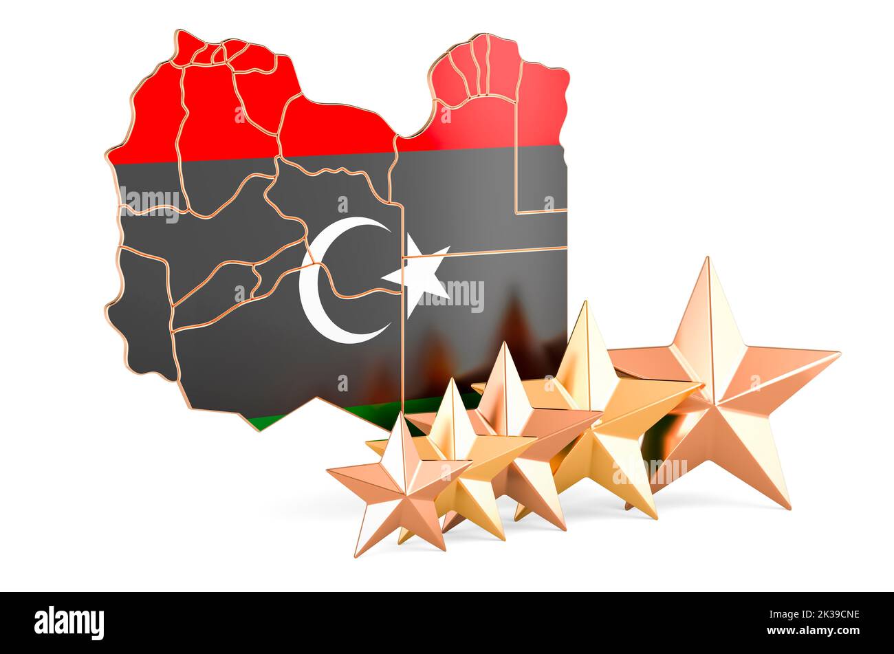 Libyan map with five stars. Rating, quality, service in Libya. 3D rendering isolated on white background Stock Photo