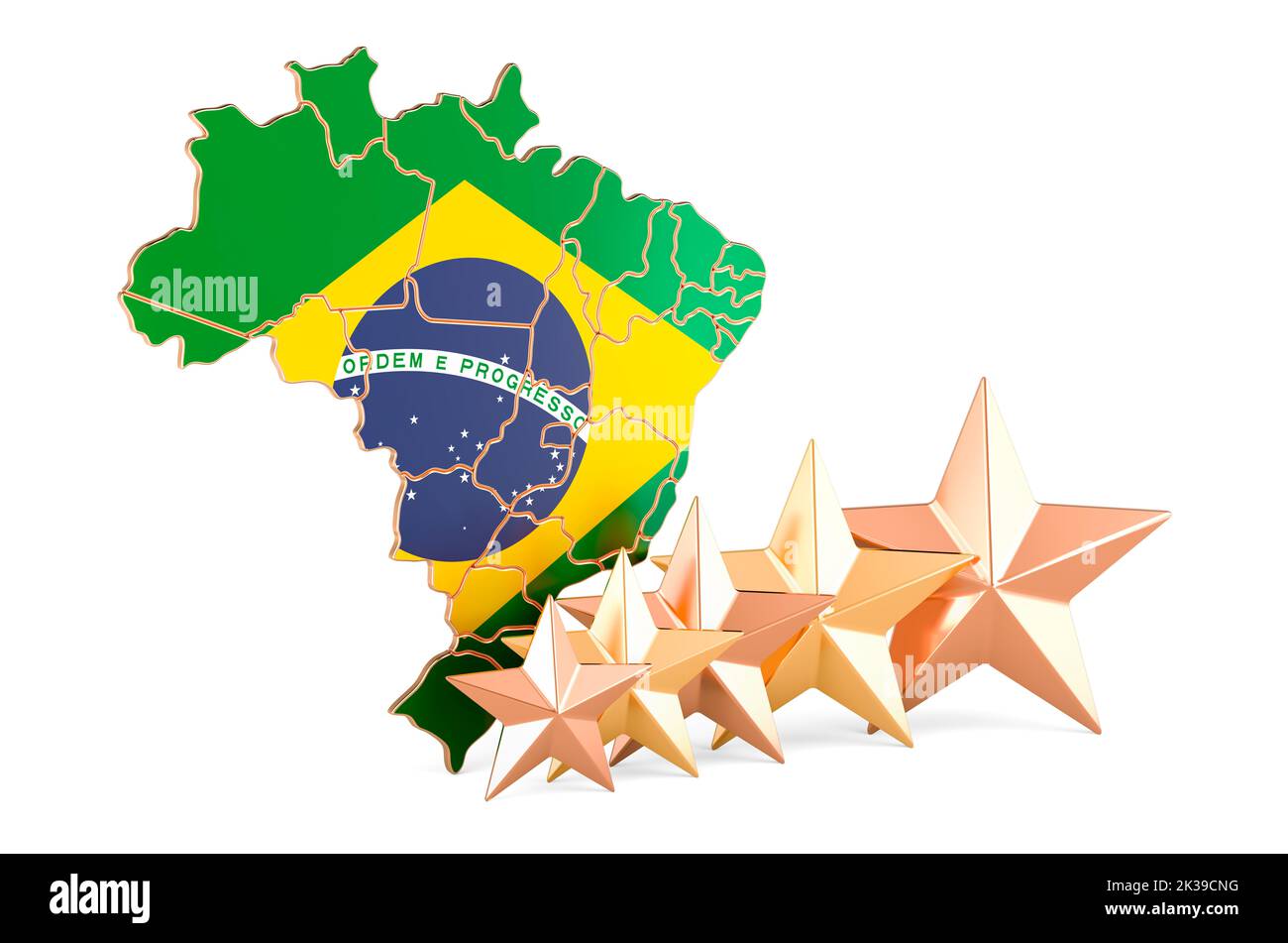 Brazilian map with five stars. Rating, quality, service in Brazil. 3D rendering isolated on white background Stock Photo