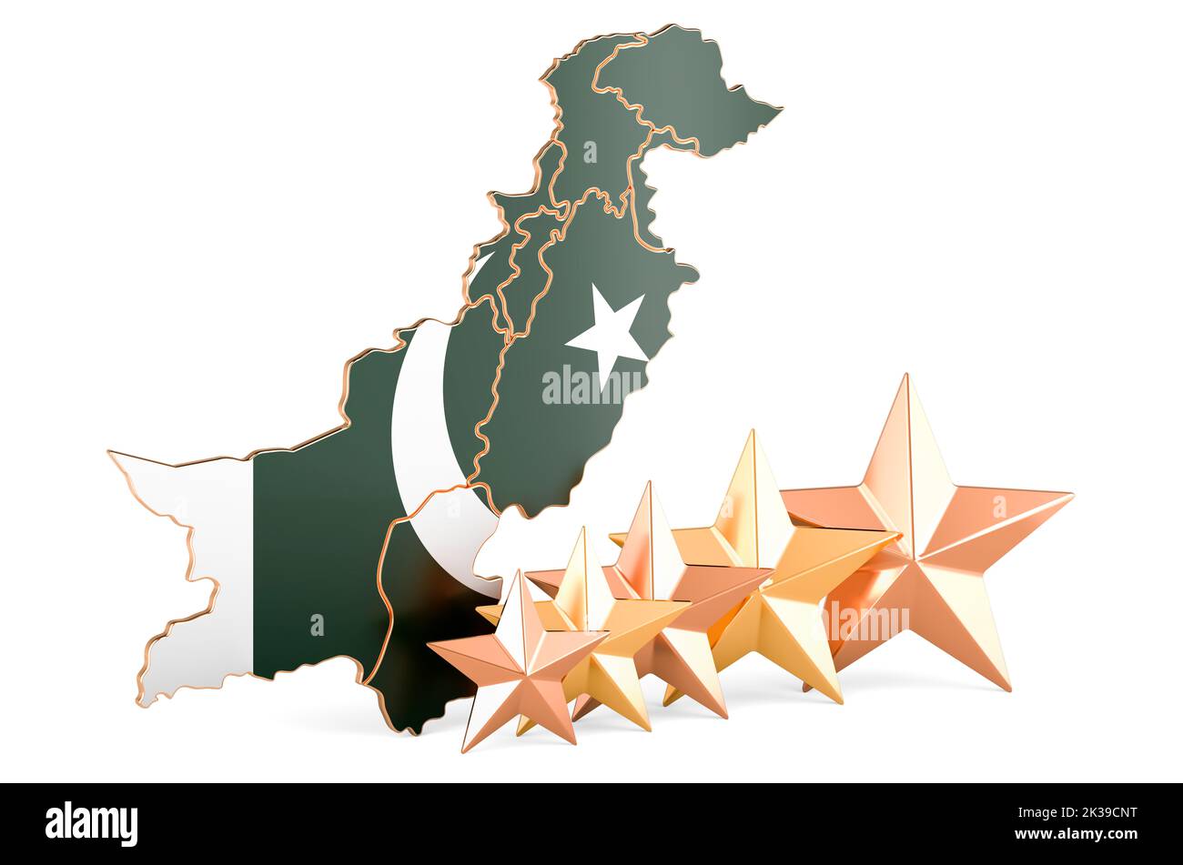 Pakistani map with five stars. Rating, quality, service in Pakistan. 3D rendering isolated on white background Stock Photo