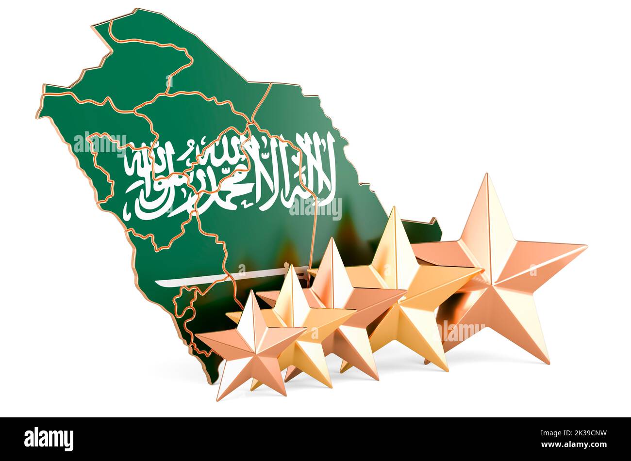 Saudi Arabian map with five stars. Rating, quality, service in Saudi Arabia. 3D rendering isolated on white background Stock Photo