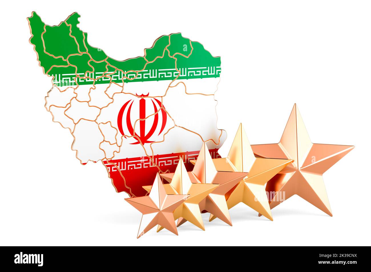 Iranian map with five stars. Rating, quality, service in Iran. 3D rendering isolated on white background Stock Photo