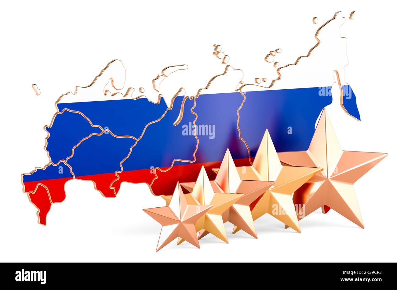 Russian map with five stars. Rating, quality, service in Russia. 3D rendering isolated on white background Stock Photo