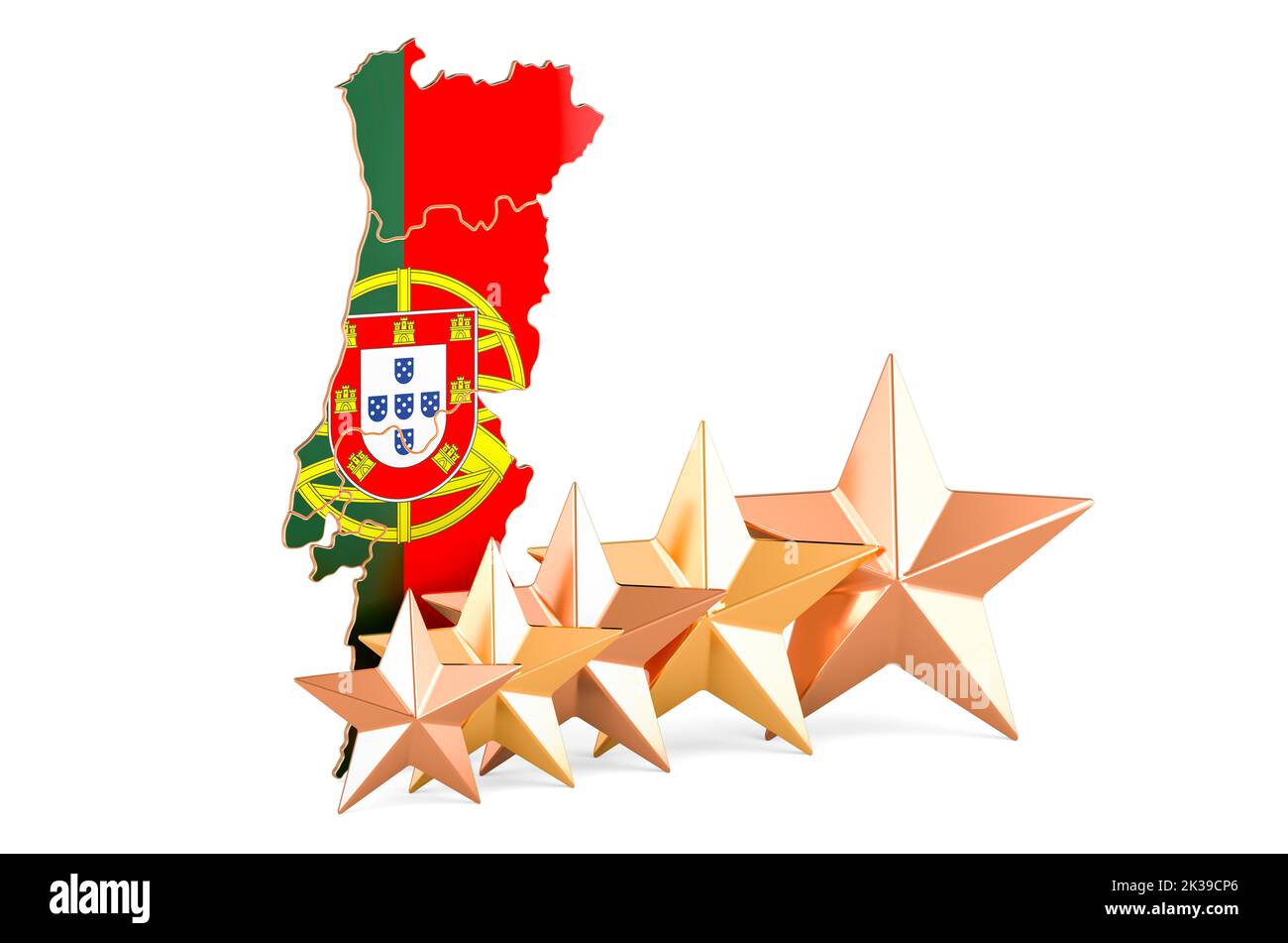 Portuguese map with five stars. Rating, quality, service in Portugal. 3D rendering isolated on white background Stock Photo