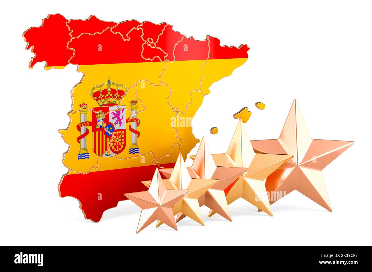 Spanish map with five stars. Rating, quality, service in Spain. 3D rendering isolated on white background Stock Photo