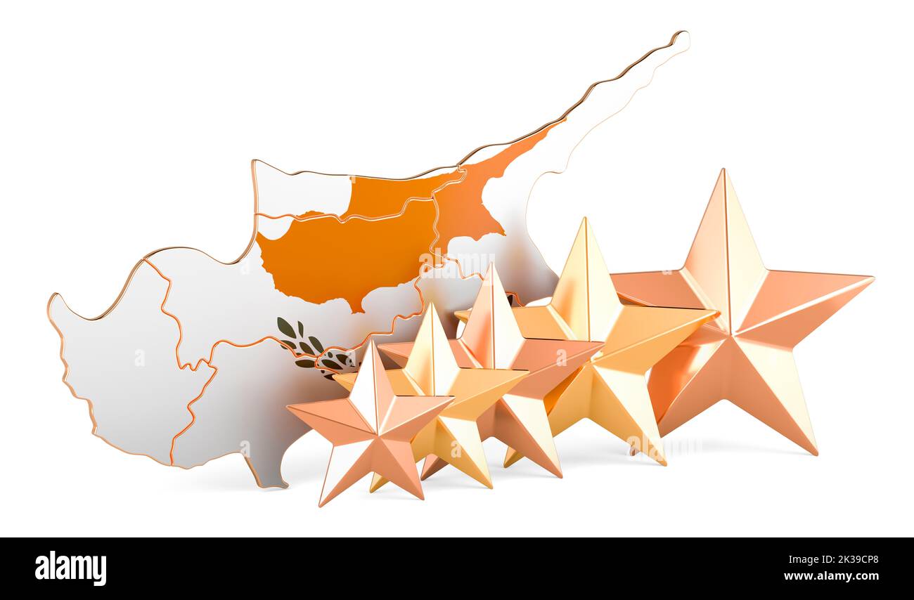 Cypriot map with five stars. Rating, quality, service in Cyprus. 3D rendering isolated on white background Stock Photo