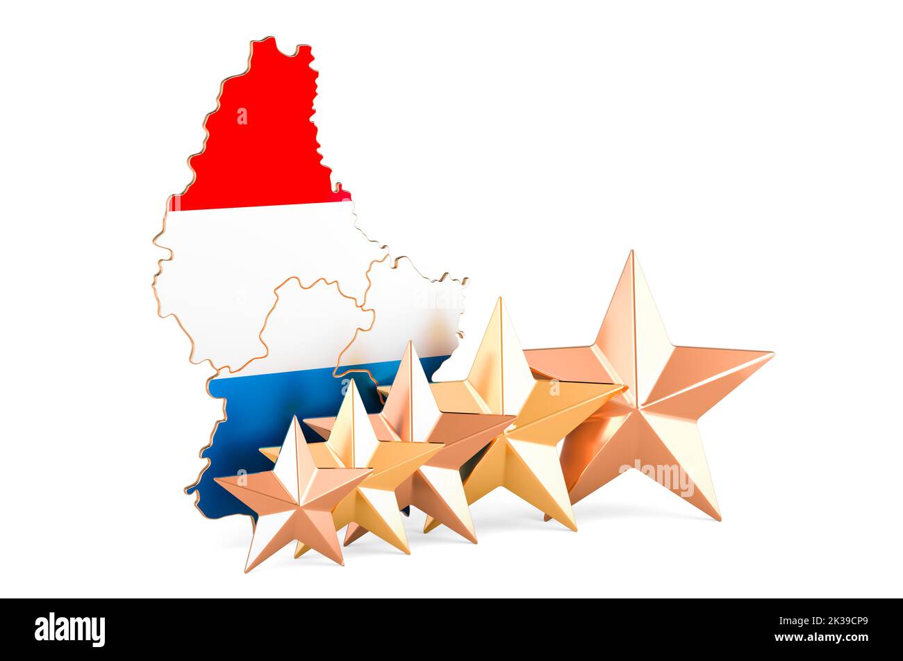 Luxembourgish map with five stars. Rating, quality, service in Luxembourg. 3D rendering isolated on white background Stock Photo