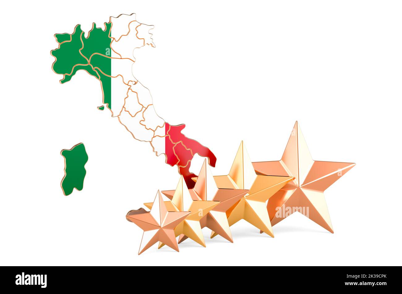 Italian map with five stars. Rating, quality, service in Italy. 3D rendering isolated on white background Stock Photo